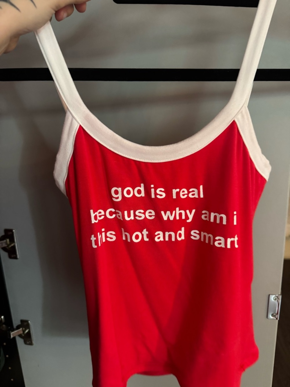 omighty Red Tank Crop Top with White Trim and Slogan